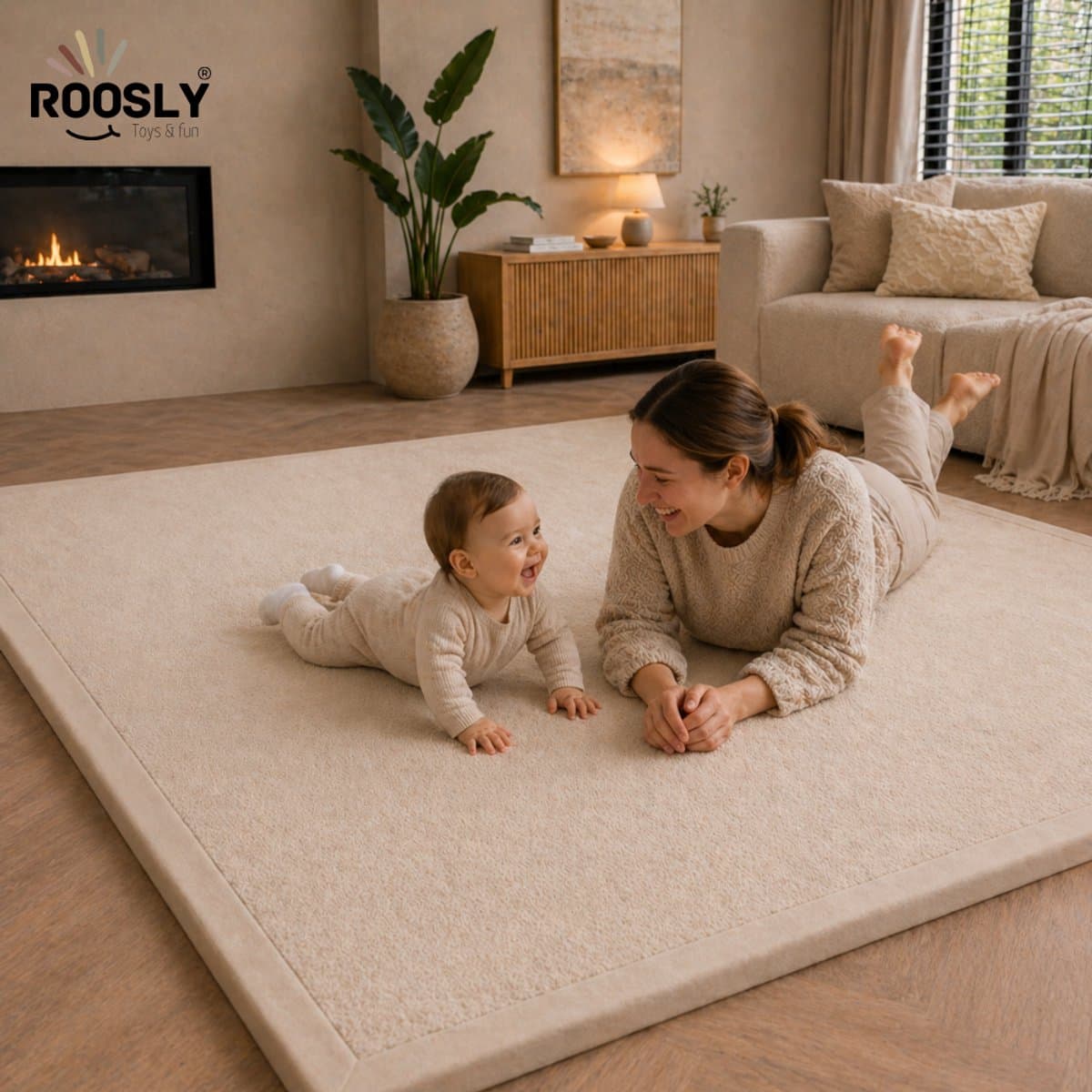 Roosly Speelmat Baby - Fluwelen Speelkleed baby - speeltapijt - kruipmat - playmat - Extra Dik Traagschuim 3 cm - Antislip - Zacht & Veilig - 150 x 200 cm - Sand Beige thumbnail 4