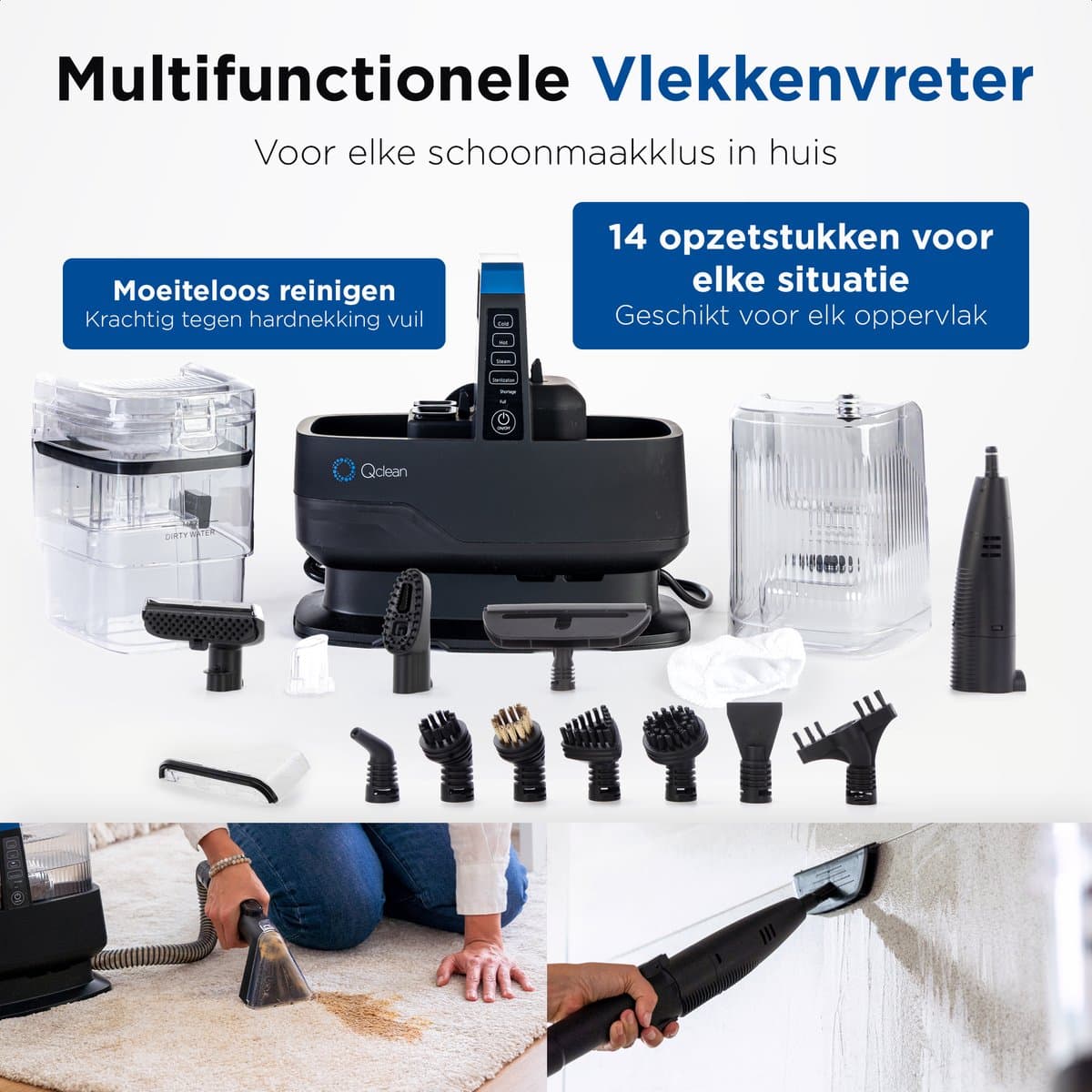 Qclean® Tapijtreiniger GO+ 1800W - All-in-1 Stoomreiniger & Vlekkenreiniger - Voor Tapijt, Meubels, Keuken & Badkamer - Zelfreinigend - Zetelreiniger - Bank reiniger- Reinigingsmachine - Waterstofzuiger - Incl. Schoonmaakmiddel thumbnail 6