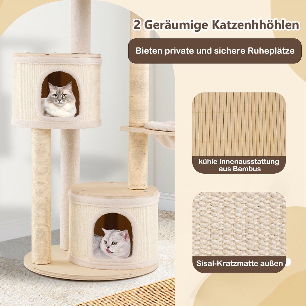 COSTWAY Krabpaal groot, kattenboom met 2 kattenholletjes, mand, sisal-krabpalen, speelbal & platform, kattenkrabpaal katten, kattenmeubel, klimboom, activiteitsboom, hout, natuur, 152 cm hoog thumbnail 8