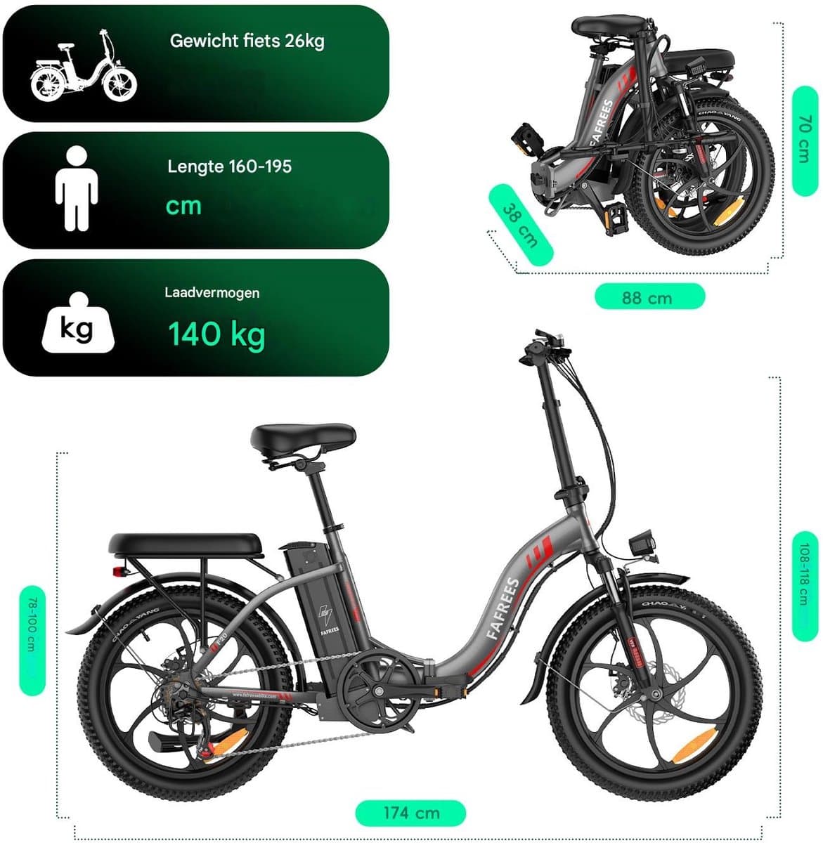 Fafrees F20 Elektrische Vouwfiets | E-Bike| 20 x 3.0 Inch Dikke Banden | 36V 18Ah Lithium Accu | 250 W Motor | Maximaal 25/u | Maximaal bereik 130km | Shimano 7 versnellingen | 20 Inch opvouwbare City Commuter E-Bike | Zwart thumbnail 4