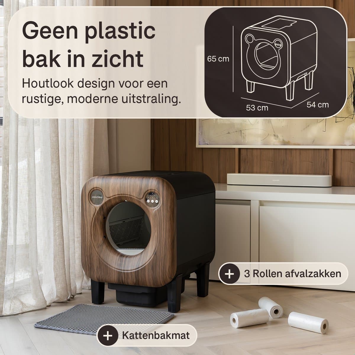 Zentriq Automatische Kattenbak – Zelfreinigend met App & 4k Camera – Cat Pod Q10 - XXL 75L – Stil & Veilig – Incl. Mat en 3 Rollen Opvangzakken thumbnail 3