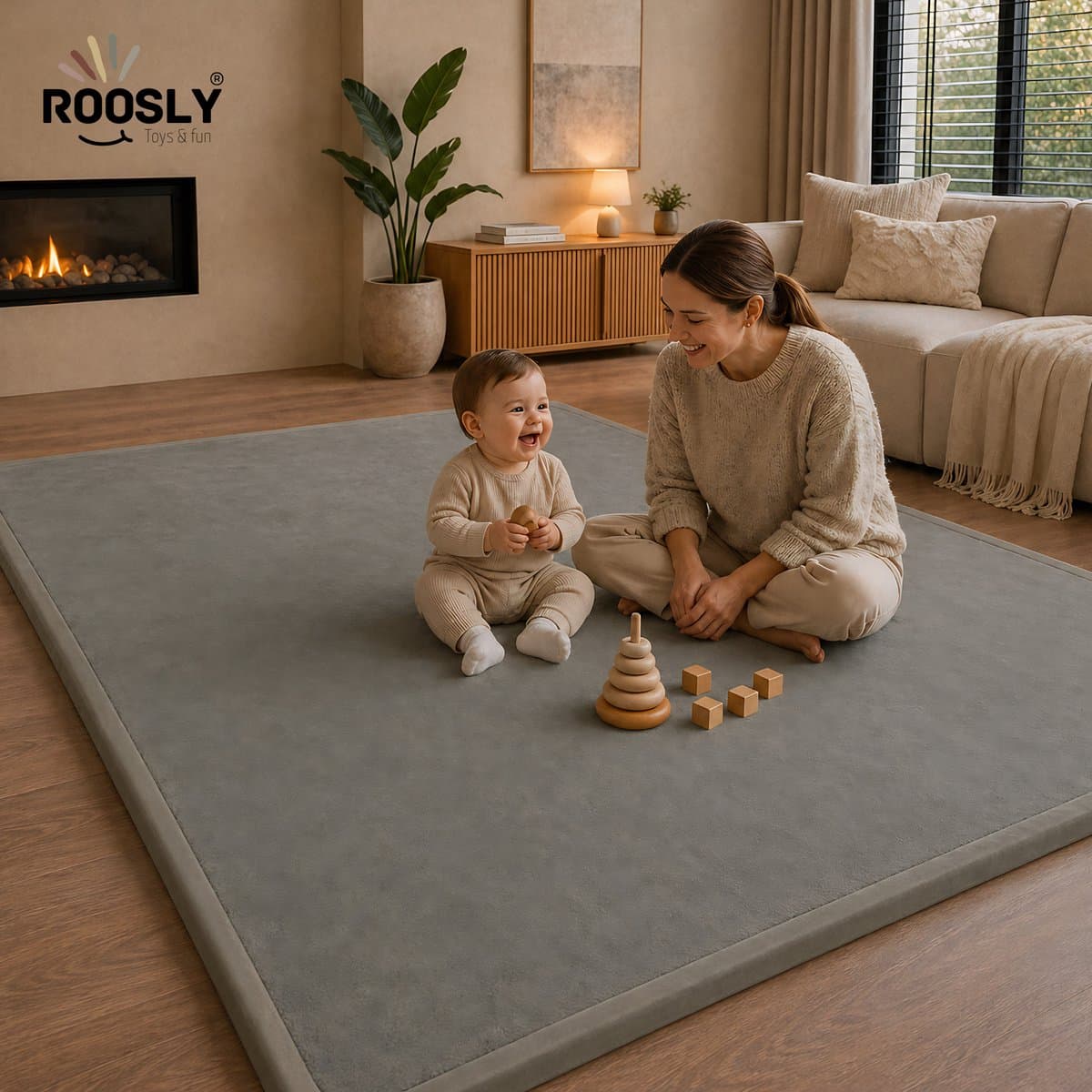 Roosly Speelmat Baby - Fluwelen Speelkleed baby - speeltapijt - kruipmat - playmat - Extra Dik Traagschuim 3 cm - Antislip - Zacht & Veilig - 150 x 200 cm - Stone Grey