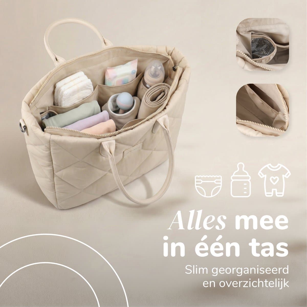Mommsy Luiertas – Verzorgingstas – Thermo Vak – Gewatteerde Puffer Stof – Extra Ruim – Waterafstotend – Organizer – Lichtgewicht – Beige thumbnail 3