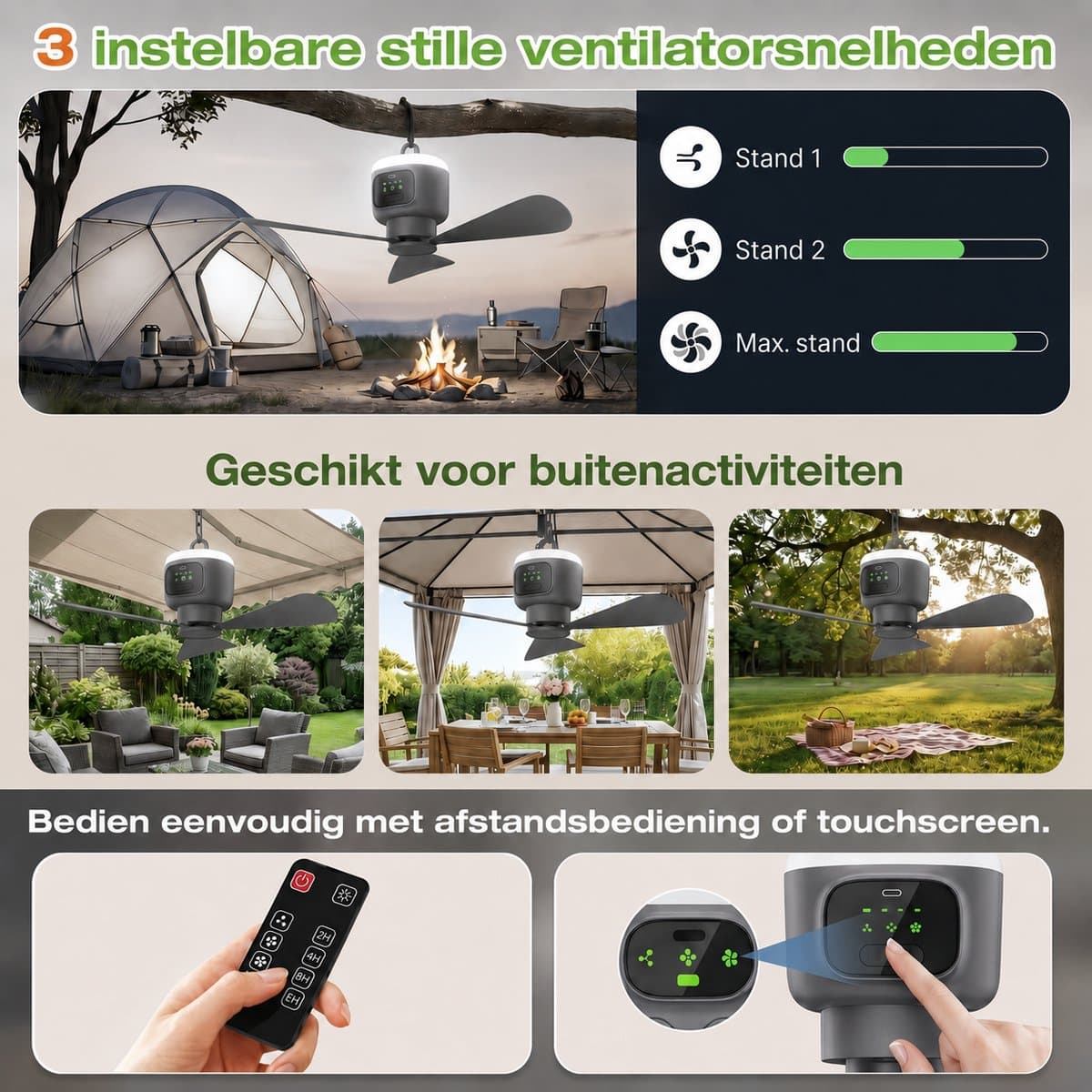 MUPOO Camping Plafondventilator 45cm - LED en 16 uur thumbnail 3