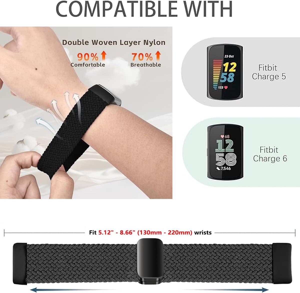 Sundara Braid Nylon Compatibel Fitbit Charge 6 Horlogebanden Magnetische Rekbare Stof Zachte Lus Bandjes Verstelbare Polsband Fitbit Charge 5 Band/Charge 6 Fitness Tracker Vervangende Vrouwen Mannen thumbnail 5