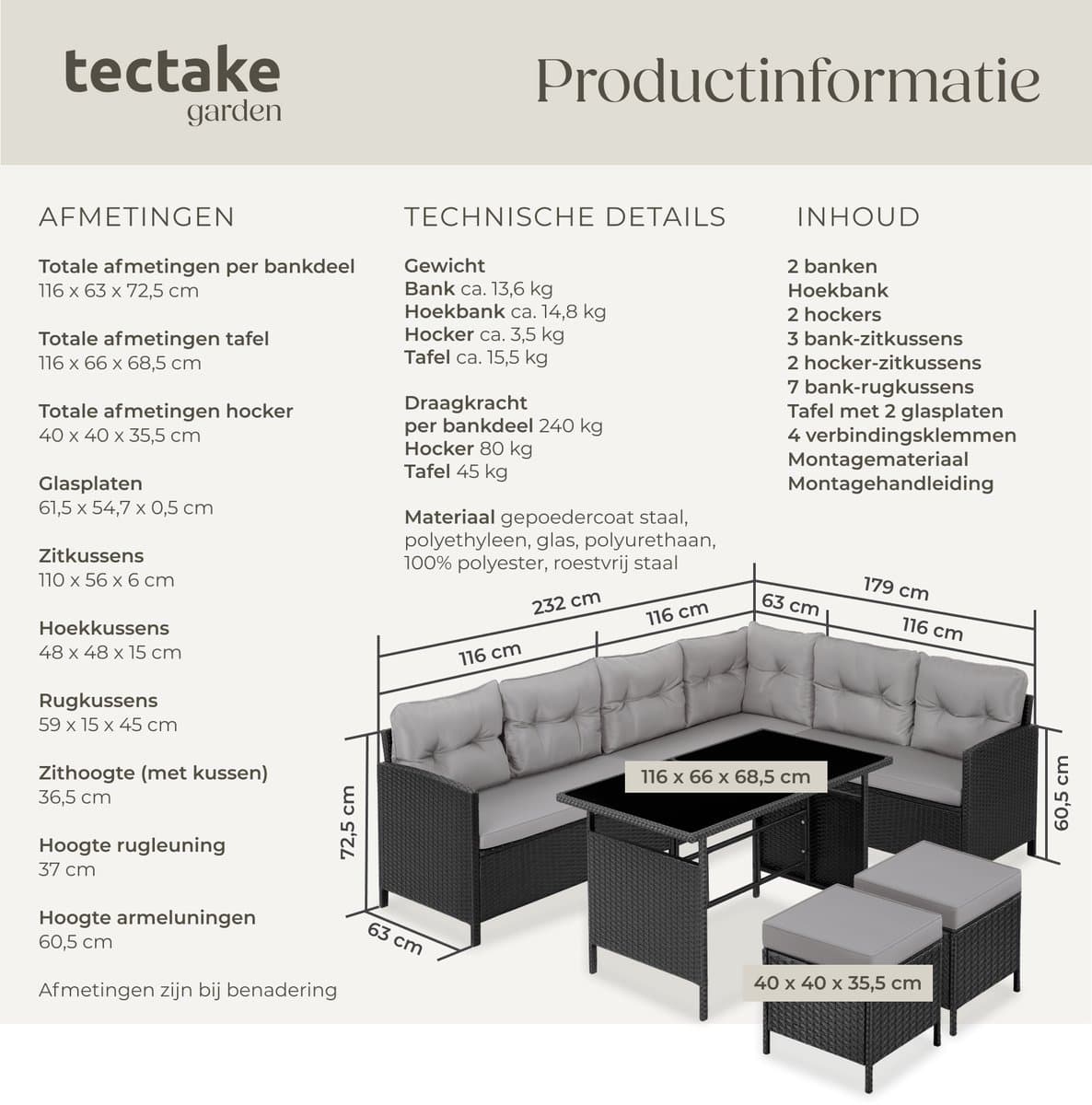 tectake® Loungeset Barletta - 6 tot 8 Personen - Modulaire Tuinset met Loungebank, Kruk en Tuintafel - Tuinmeubels - Balkonmeubel - 5-delige Zitgroep - Inclusief Kussens - Ideaal voor Tuin, Terras en Balkon - Zwart met Grijze Kussens thumbnail 7