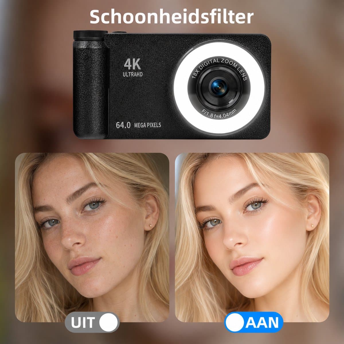 4K 64MP Digitale Camera - Beauty Licht - Fotocamera - Compact Camera - Vlog Camera - Fototoestel - 180° Flip Scherm - Autofocus - 18X Zoom - Vlog Camera met 32GB Kaart thumbnail 5