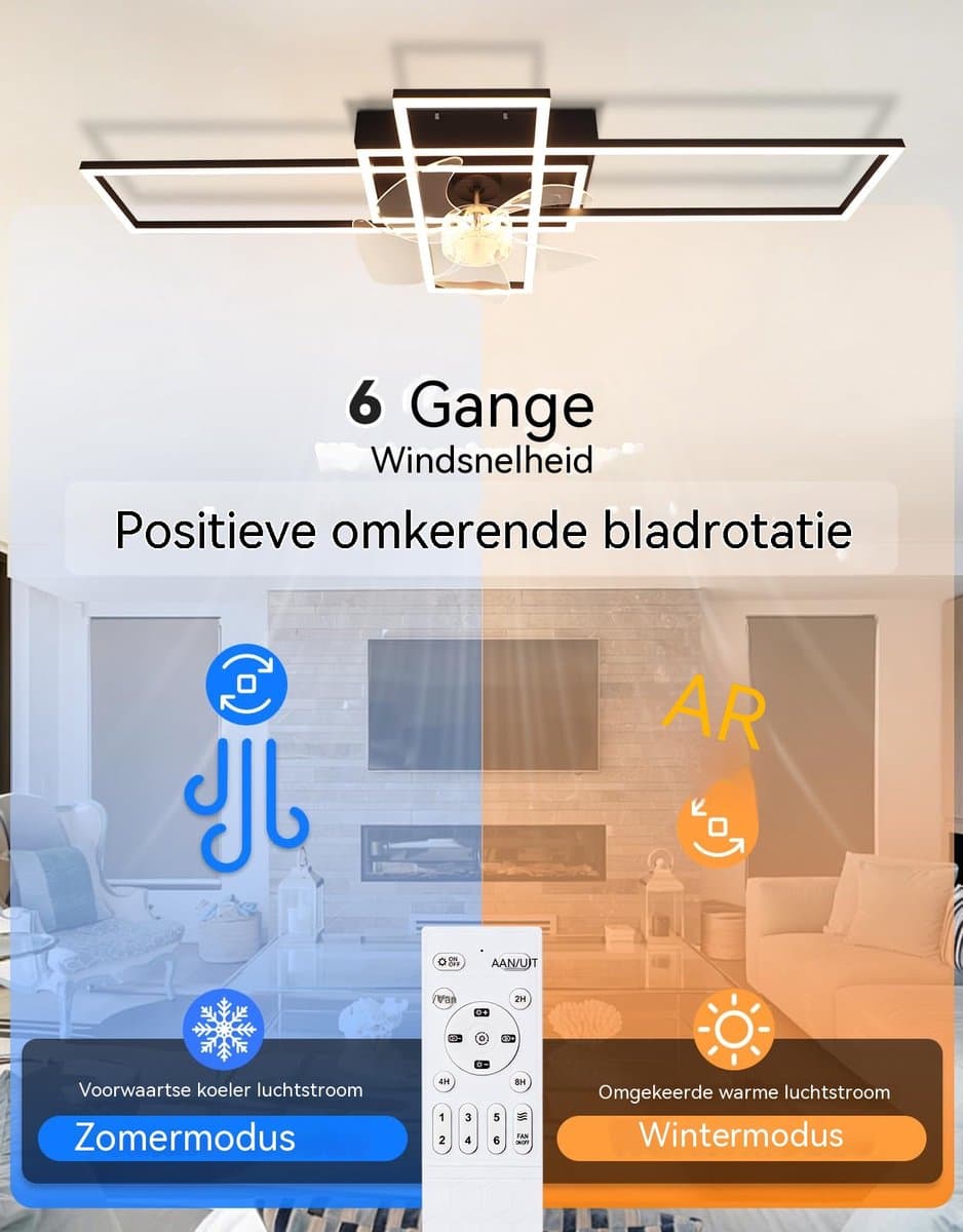 Glitzerlife - Plafond ventilator met verlichting - Dimbaar Led Licht - 6 Snelheden - Omkeerbare Zomer En Winterstand - Stille plafondventilator - Afstandsbediening Timer - Ø94 Cm - Zwart thumbnail 4