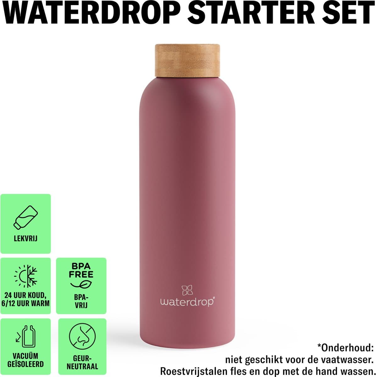 waterdrop® Starterset Metalen - Mat Roze -Metalen Thermosfles 600ml + 18 Microdrink Bruistabletten – Geïsoleerde Drinkfles RVS, Lekvrij, BPA-vrij, Voor Sport, Werk, Reizen, School – Hydratatie Set, Cadeau Idee thumbnail 3