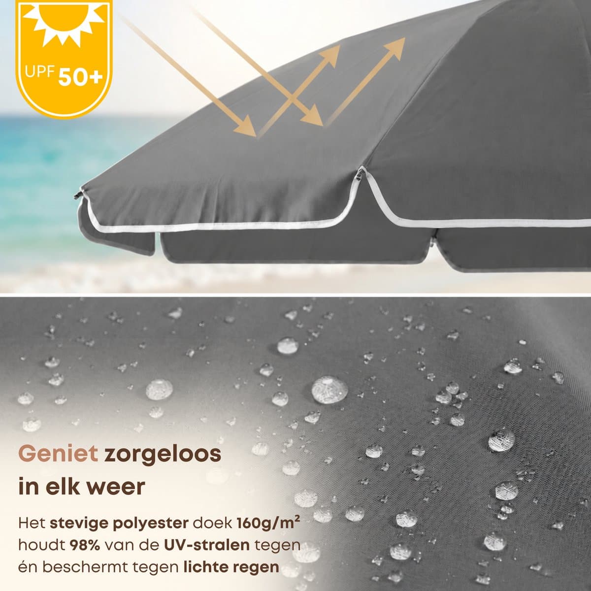 ACAZA Parasol - Strandparasol - Grijs - 200 cm diameter - inclusief Draagtas - Rond - Tuinparasol - Kantelbaar - Waterdicht - Terras Parasol voor Appartement - Parasol Strand - Tot 3 Personen thumbnail 4