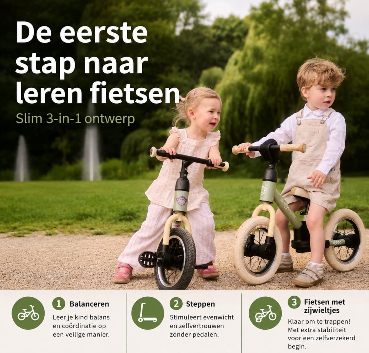 Kidcruiser Loopfiets 2+ jaar - Optioneel met LED Zijwieltjes & Trappers - 3-in-1 Kinderfiets - 12 inch – Zacht Groen & Creme wit – Modulair Design thumbnail 2
