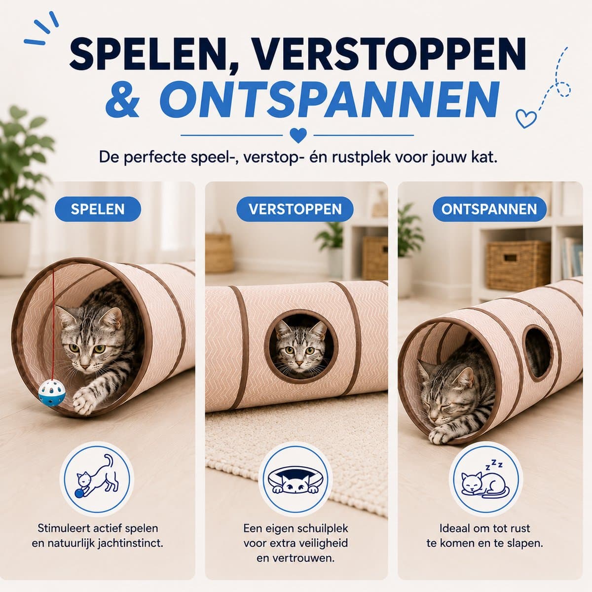 Opvouwbare Kattentunnel - Kattenspeeltunnel Incl. Speelbal - Multifunctionele Speeltunnel Kat - Lichtgewicht Tunnel Kat - Katten Speelgoed - Kattenspeeltjes - Kat Tunnel - Kitten Speelgoed - Kruiptunnel Kat - Huisdier Spelletjes - Beige - Pet Ville thumbnail 2