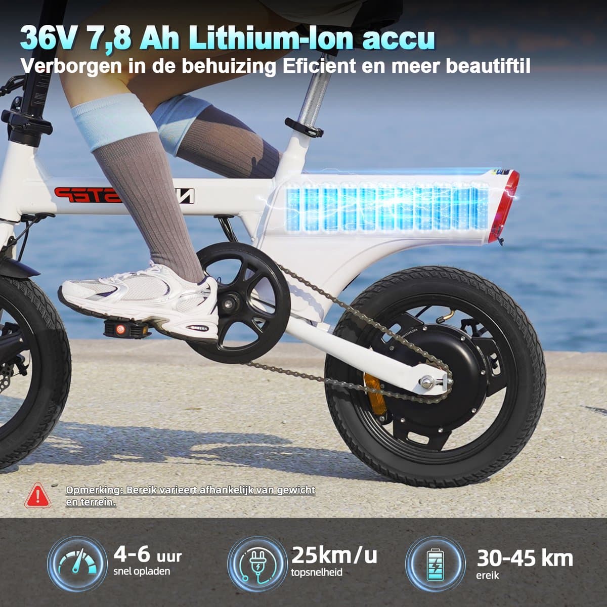 YEE GOO Elektrische Fiets - 250 W Motor - 36V 7,8Ah Batterij - 30-45 km Actieradius - 14 Inch Banden - Schijfremmen voor en achter - LED-verlichting en LCD-display - Draagbare e-bike voor woon-werkverkeer in de stad - Wit. thumbnail 3