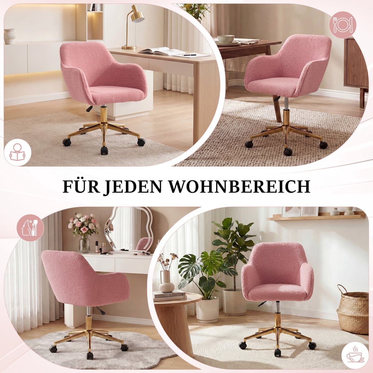 MIVRAY Bureaustoel - Verstelbaar 360 Graden Draaibaar Met Zachte - Voor Thuiswerk En Kantoor - 58 x 58 x 86 cm - Teddy Bekleding - Roze thumbnail 6