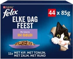 Felix Elke Dag Feest in Gelei Mix Selectie - Kattenvoer Natvoer - Tonijn Zalm Rund & Kip- 44 x 85 g
