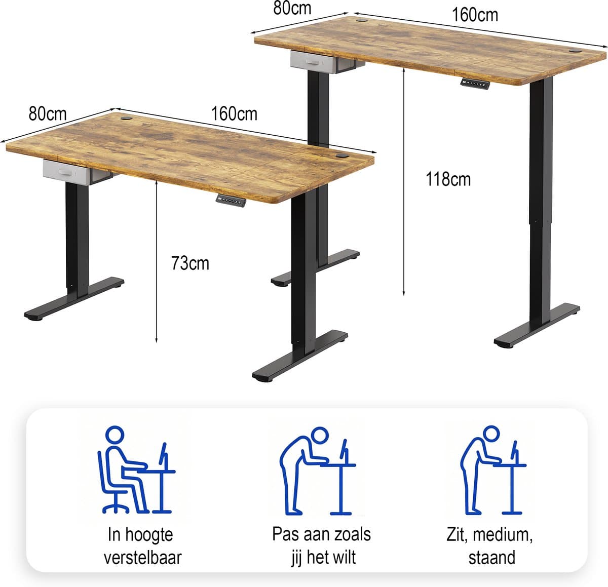 Devoko Elektrisch Zit-sta Bureau 160x80 cm – Stille Motor met Geheugenfunctie – Zit-alarm – Digitaal Display – 6 Knoppen Handbediening – USB Poort – Zit-sta Bureau – Bruin thumbnail 2