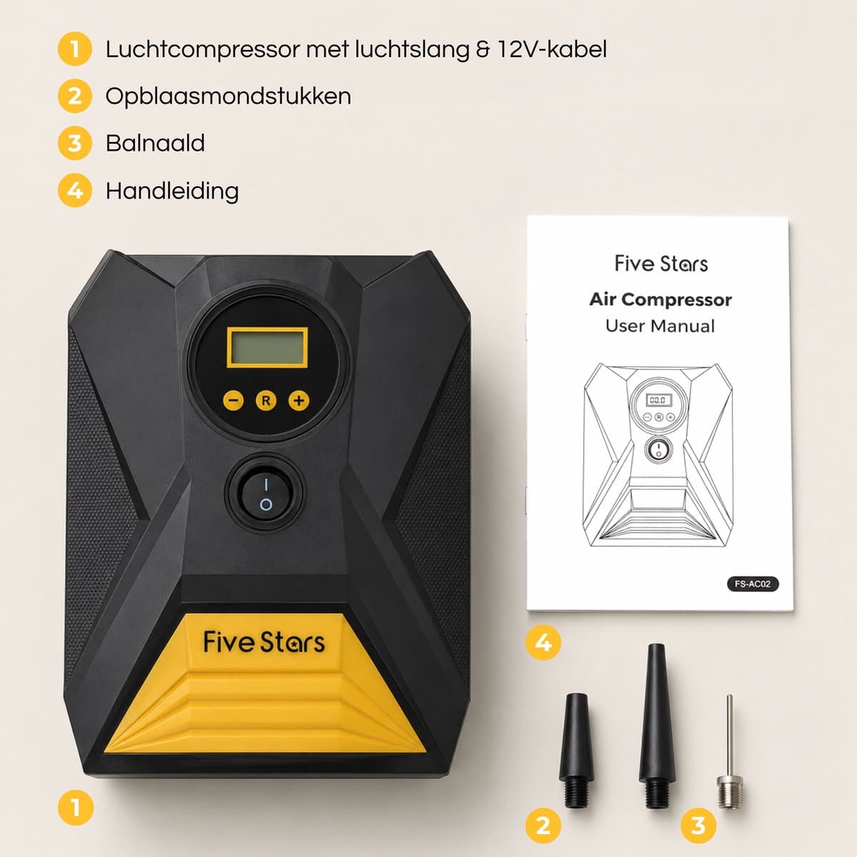Five Stars® Compressor Bandenpomp - 12V - Draagbare Luchtcompressor - Elektrische Pomp - Voor Auto, Motor en Bal thumbnail 8