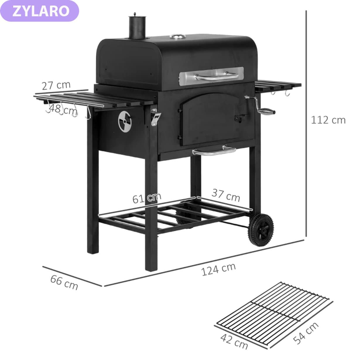 Premie 3-in-1 Houtskool Barbecue - Smoker Barbecue met Rookfunctie - Houtskoolgrill - met Verstelbaar Houtskoolcompartiment, Deksel, Handgrepen, Thermometer, Wielen - BBQ voor Kamperen, Buiten, Tuin - 124 x 66 x 112 cm - Zwart thumbnail 2