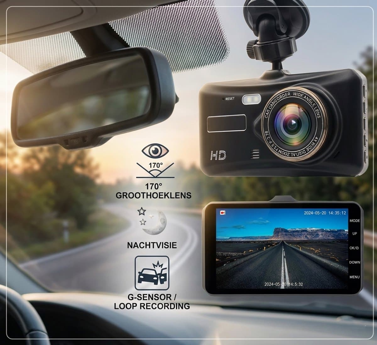 Dual Dashcam voor Auto - Voor en Achter - Full HD - Parkeermodus - 170° wijdhoeklens