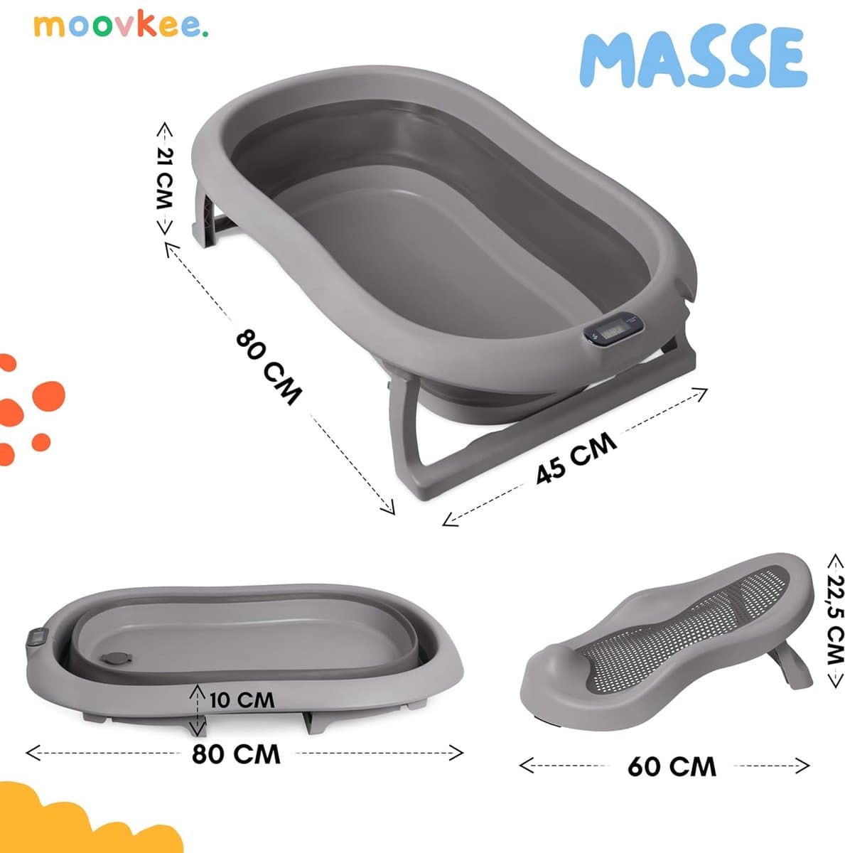 moovkee. Opvouwbaar Babybad 80 cm Donkergrijs - Babybadewanne met Thermometer en Badesitz - Antislip Draagbare Babybadkuip voor 0-36 Maanden thumbnail 5