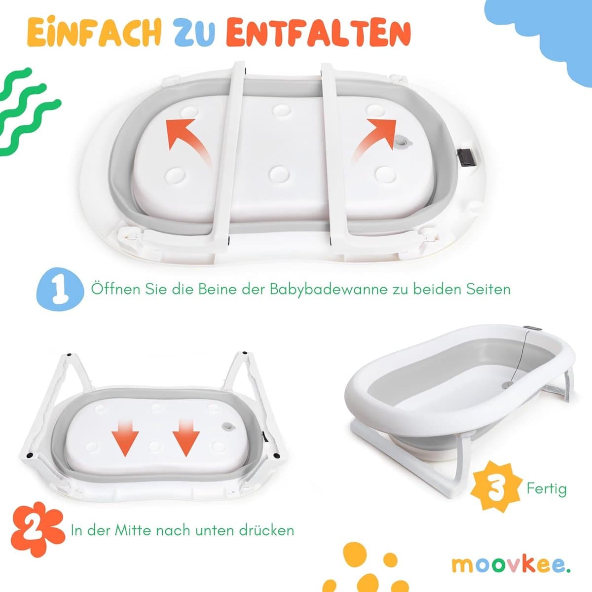 moovkee. Opvouwbaar Babybad 80 cm Grijs - Babybadewanne met Thermometer en Badesitz - Antislip Draagbare Babybadkuip voor 0-36 Maanden thumbnail 3