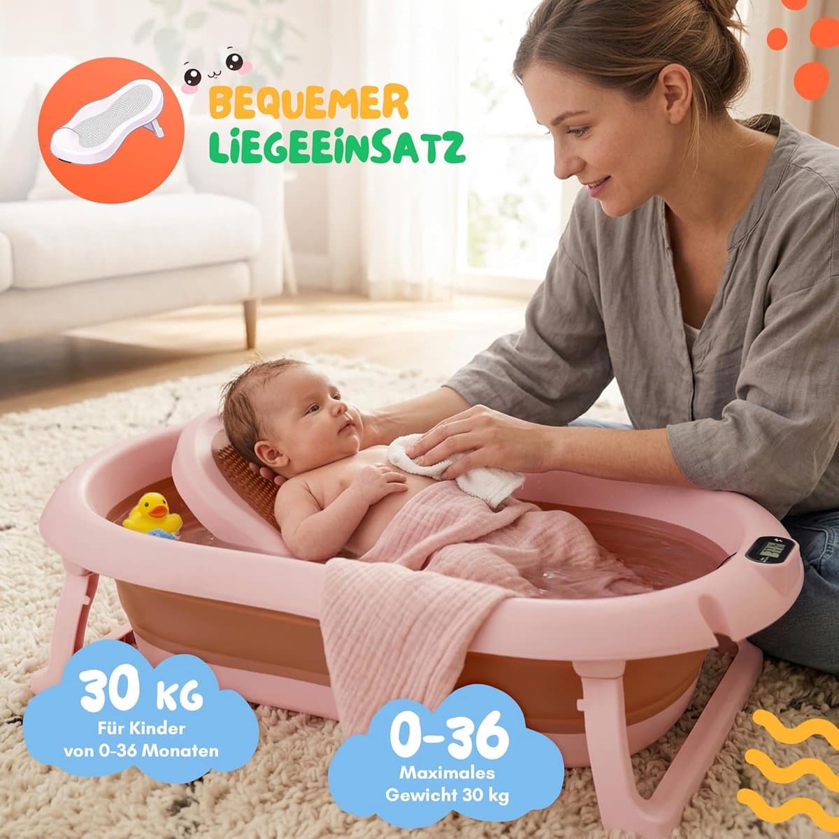 moovkee. Opvouwbaar Babybad 80 cm Donkerroze - Babybadewanne met Thermometer en Badesitz - Antislip Draagbare Babybadkuip voor 0-36 Maanden thumbnail 4