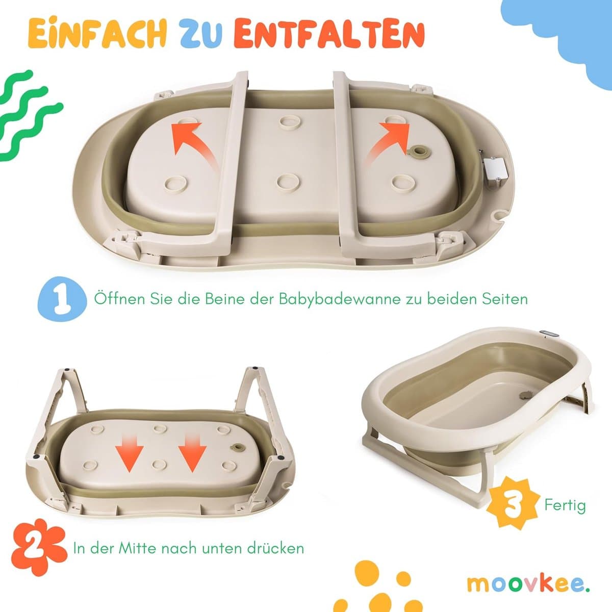 moovkee. Opvouwbaar Babybad 80 cm Beige - Babybadewanne met Thermometer en Badesitz - Antislip Draagbare Babybadkuip voor 0-36 Maanden thumbnail 3