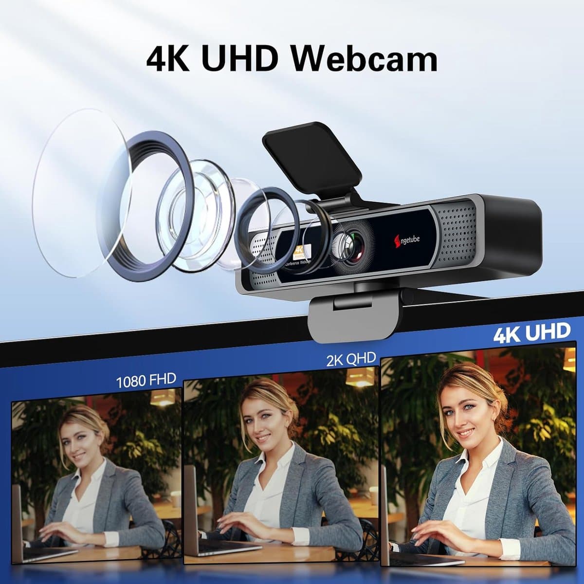 4K Streaming Camera - Webcam PC - Professionele Conferenties - 120° Ultra-Wide Hoek - 1080p@60FPS - Zwart thumbnail 4