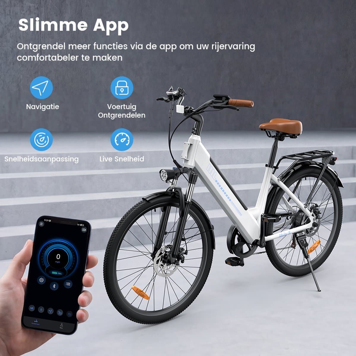 iScooter Elektrische Fiets UcityS 26" Wit – Elektrische Mountainbike met Shimano 7 versnellingen, verwijderbare 36V 13Ah accu, 6/10/15/20/25 km/u, dubbele schijfremmen, app-ondersteuning & LCD-scherm – Ideaal voor woon-werkverkeer en stadsritten thumbnail 8