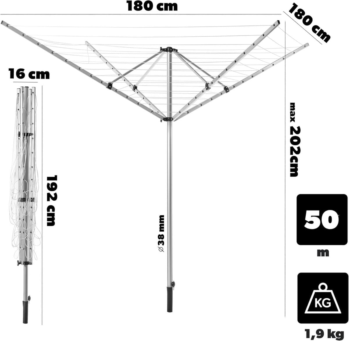 Droogmolen Tuin - Wasrek Buiten - Kleding Drogen - Hoogte Verstelbaar - 50 Meter Lijn - Zilver thumbnail 5
