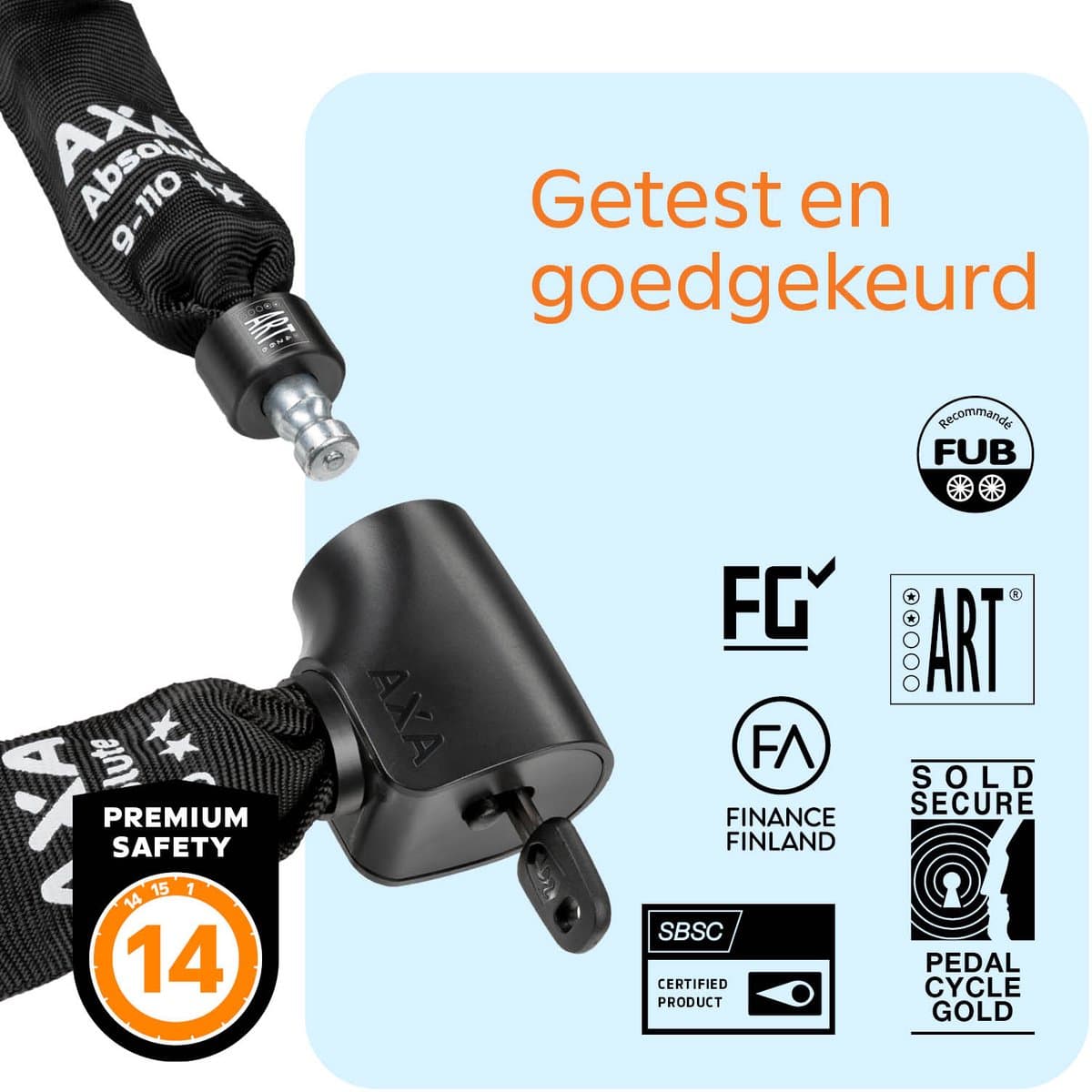 AXA Absolute 9-110 ART 2 Kettingslot – Fietsslot met keurmerk – Sterk slot met stalen ketting – Voor elektrische fiets, fatbike en bakfiets - Inclusief sleutelservice – 110 cm thumbnail 4