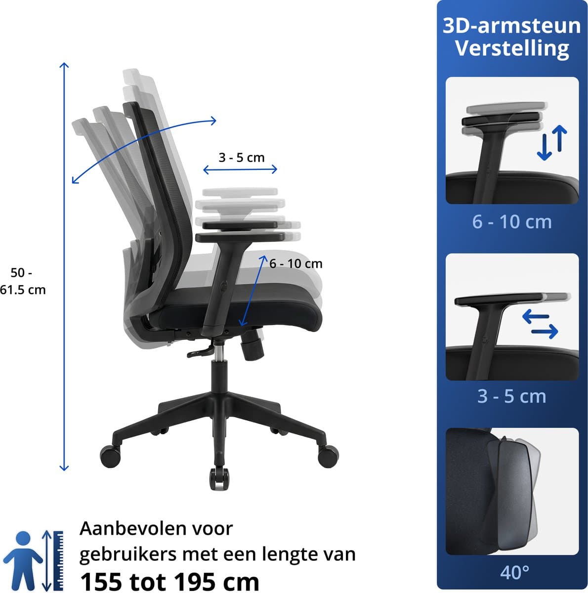 Backerz Ergonomische Bureaustoel - Bureaustoelen voor Volwassenen tot 140kg - Low Back Office Chair - NEN-EN1335 - Zwart thumbnail 3