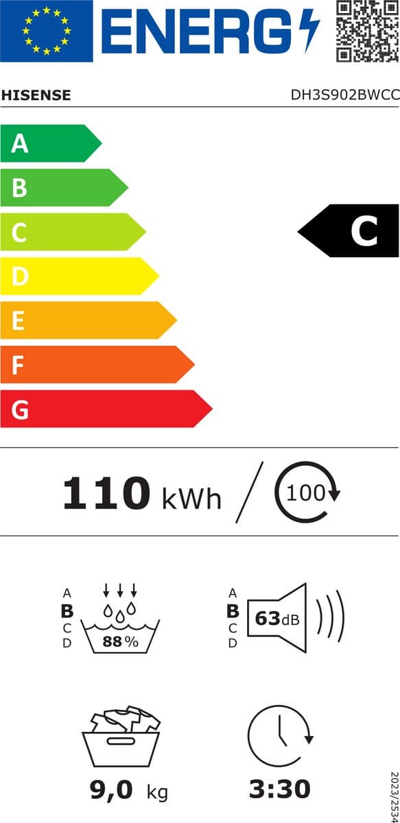 Hisense DH3S902BWCC - Condensdroger - 9 kg - Vrijstaand - Voorbelading - Warmtepomp - Wit - Draaiknop - TouchControl - 63 dB(A) - Ion Refresh - Allergy Care - Auto Dry thumbnail 2