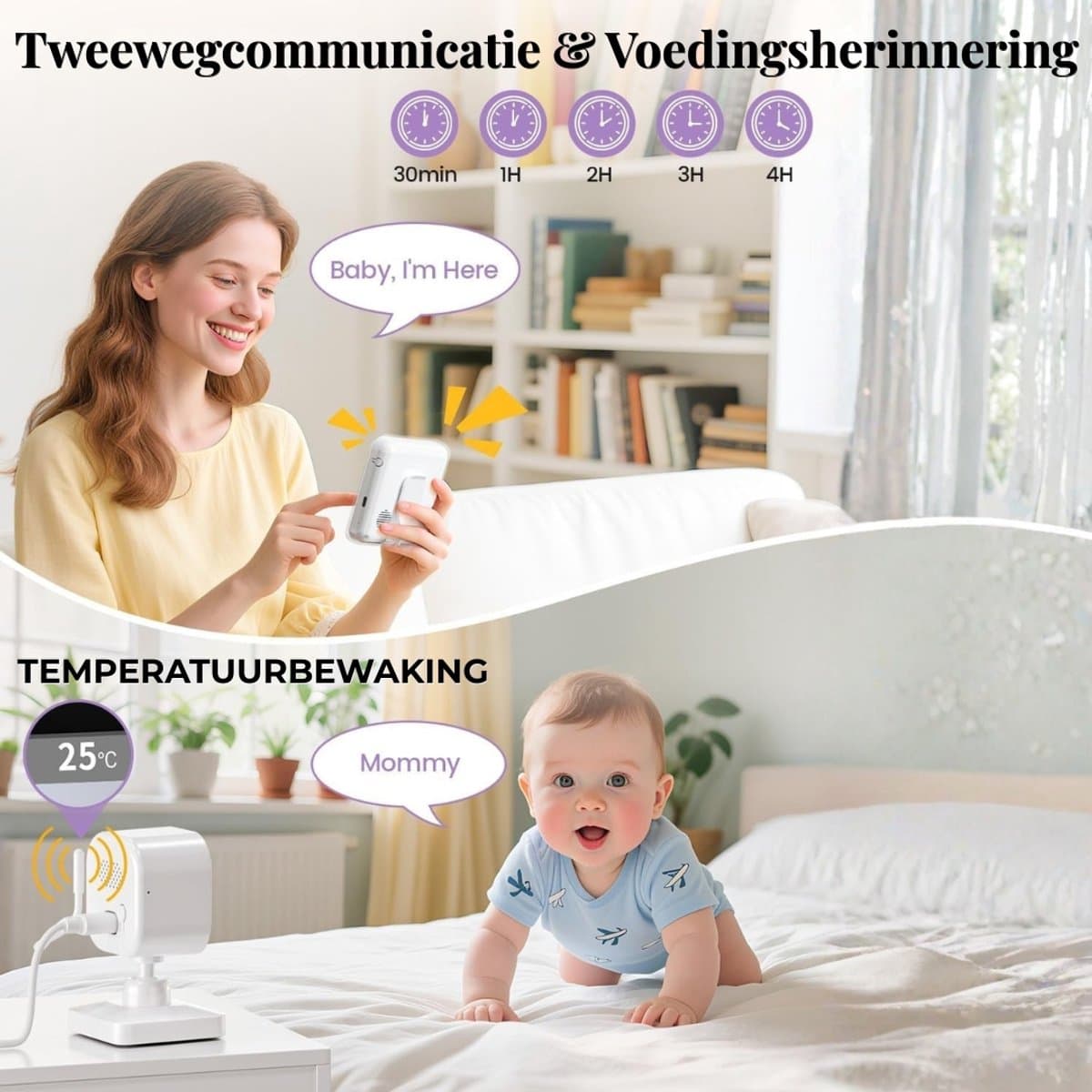 Babyfoon met camera 720p IPS-video, babyfoon zonder wifi, 2000mAh-batterij, VOX-modus, nachtzicht, temperatuuralarm, intercomfunctie, digitale zoom, 8 slaapliedjes en 5 wekkers. thumbnail 7