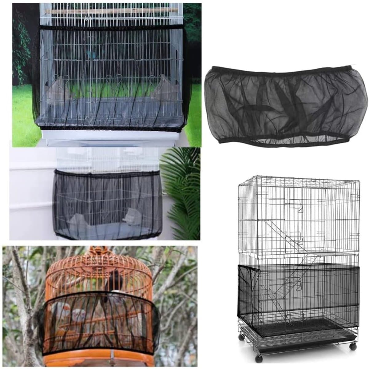 Pack van 2 - Vogelkooi Deksel - Vogelkooi Deksel met Elastische Band - Gaas Zaadvanger voor Vogels en Kleine Dieren - Voor Papegaaien en Parkieten - Ronde en Vierkante Kooi (L, Zwart + Wit) thumbnail 3