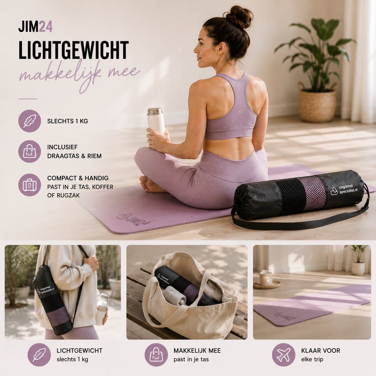 Jim24 Yogamat - Yoga Mat Antislip - Fitness Mat - Sportmat - Pilates Mat - Slijtvast - Extra Dikke Gym Mat - Duurzaam TPE - Incl. Draagtas en Riem - Paars thumbnail 5