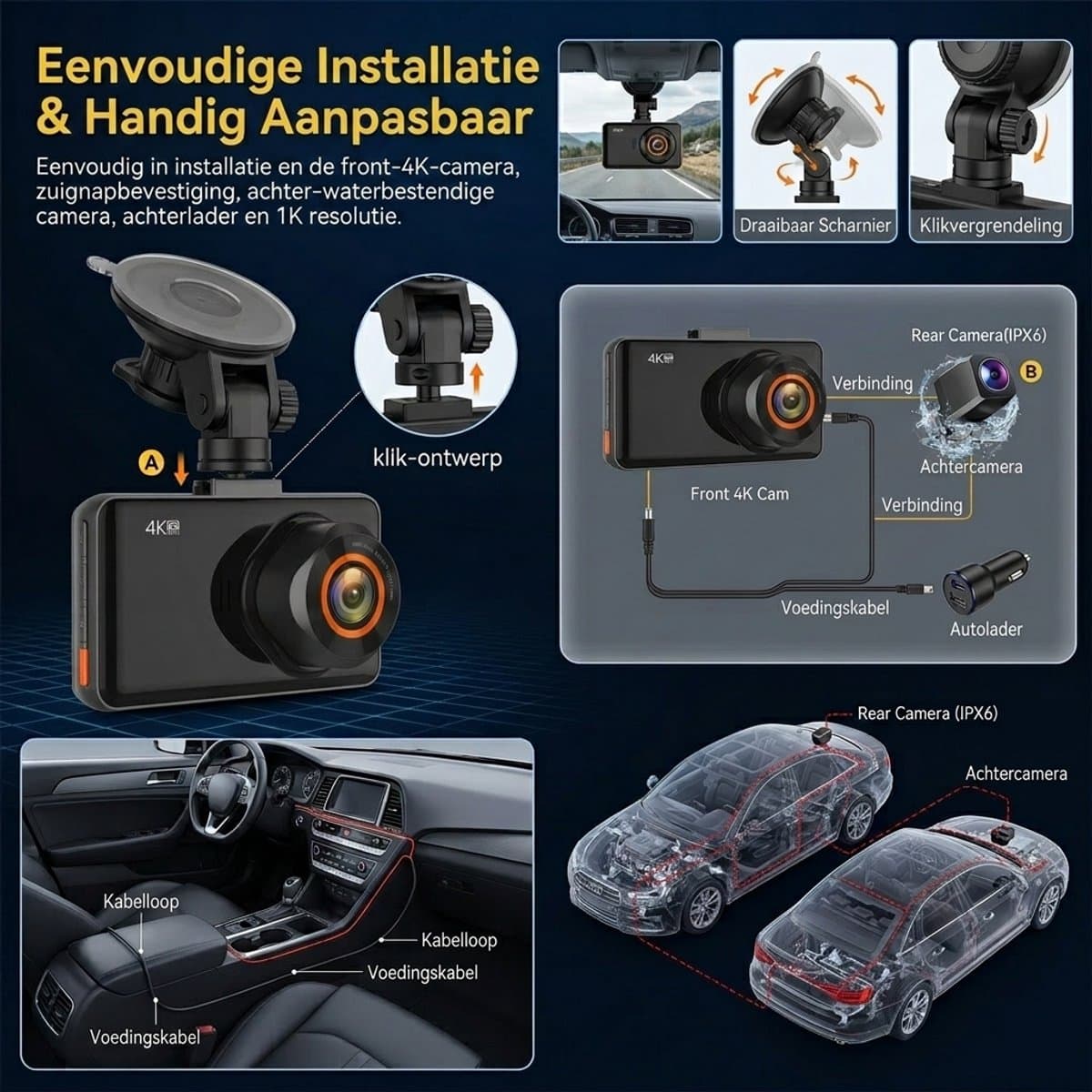 Fokelyi-Dashcam 4K -Dashcam Voor Auto- Wifi & GPS - Nachtzicht - Dual Dashcam - G-Sensor- Ultra 4K- incl. 64GB SD kaart thumbnail 4