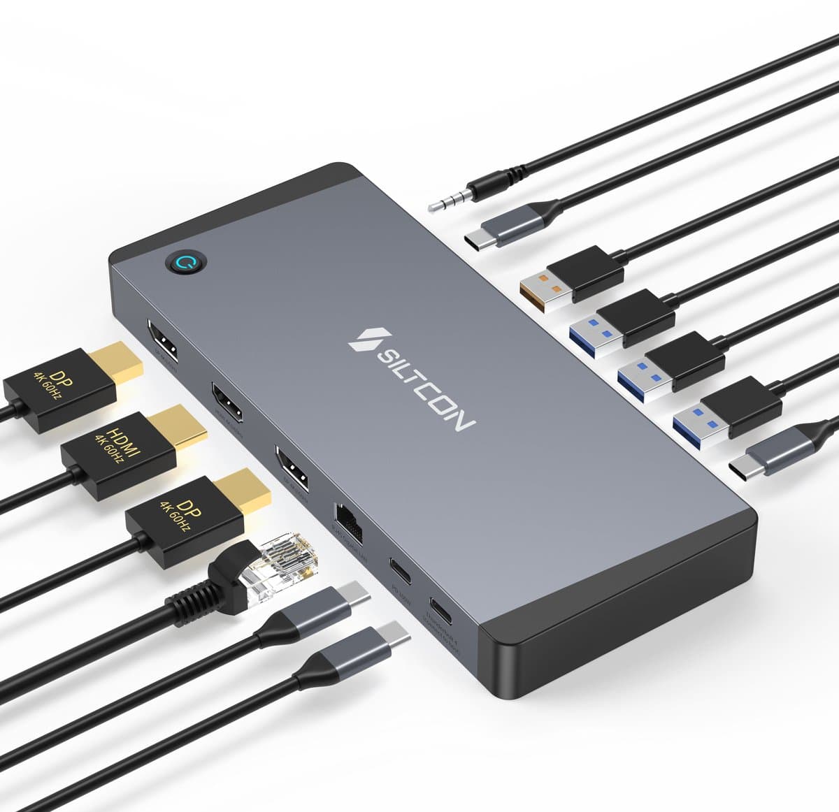 Siltcon® 14 in 1 - Docking Station Laptop – USB C Hub – USB C Dock - 2x Display Link (DP) 4K 60Hz – 1x HDMI 4K 60Hz – 100W Thunderbolt 4 – RJ45 gigabit – 4x USB-A 3.2 – 4x USB-C 3.2 - Plug & Play Geen Drivers – Universeel Voor Laptops – Spacegrey