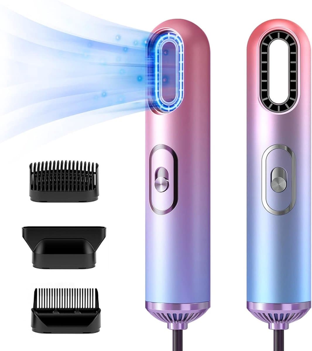 Ionische Bladloze Haardroger - Krachtige AC Motor - Compact & Lichtgewicht - Professionele Föhn - met 3 Opzetstukken - Constante Temperatuur - Anti-Frizz - Ideaal voor Thuis & Reizen - Gradiënt Paars/Blauw