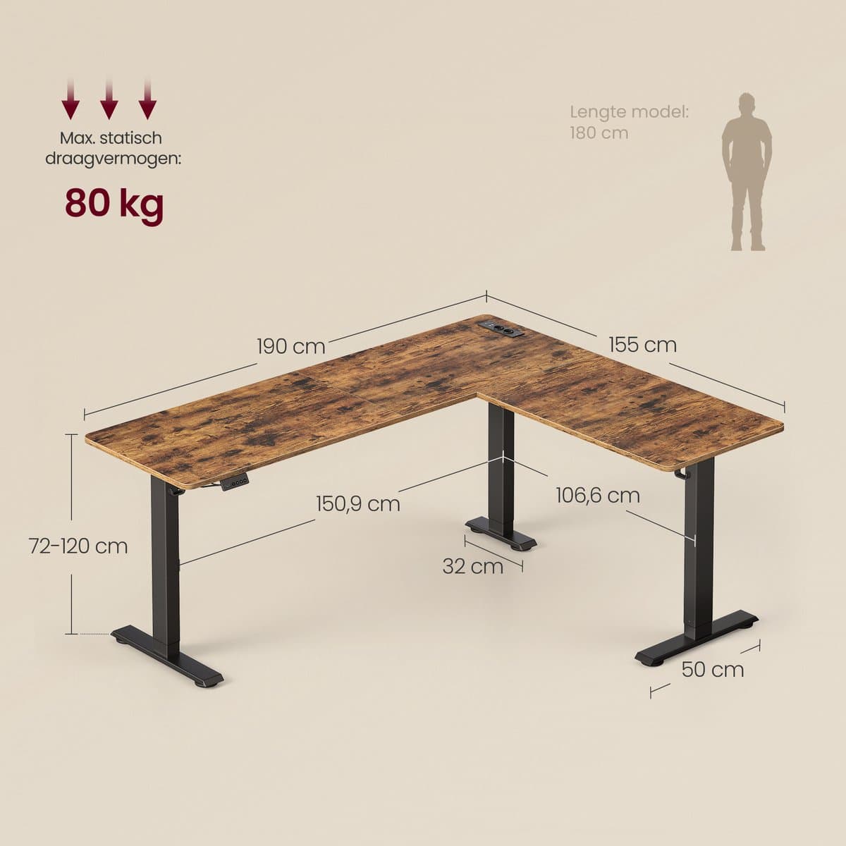 VASAGLE - Elektrisch Zit Sta Bureau - L-vormige Hoektafel - 2 Stopcontacten en 2 USB-A-poorten thumbnail 2