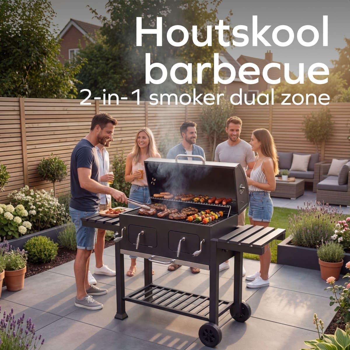 KitchenBrothers Houtskool BBQ XL - Dual Zone Smoker Barbecue - Met Verstelbare Kolenroosters & Inklapbare Zijtafels - PFAS-vrij - 42,3x75,8cm Grilloppervlak - Vaderdag Cadeau - Zwart thumbnail 2