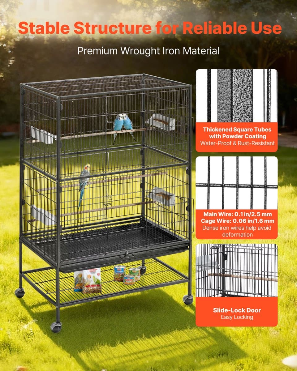 VEVOR Vogelkooi, 80x52x132cm, Smeedijzeren Volière met Zitstokken, Lade en Plastic Voerbakjes, Wielen, Vogelhuisje voor Papegaaien, Koolmezen, Valkparkieten en Kanaries thumbnail 8