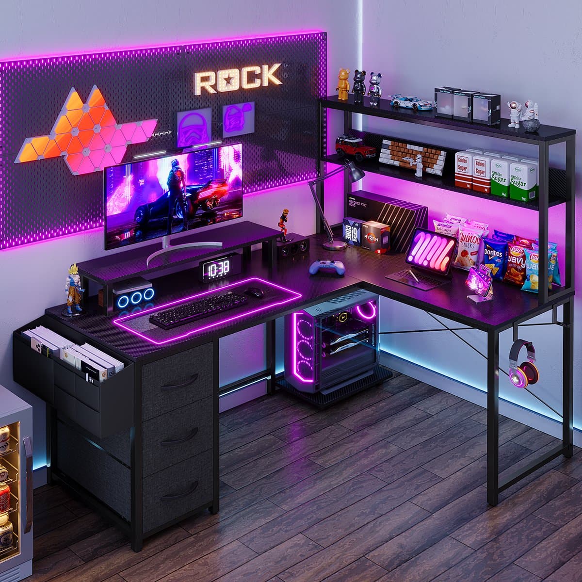 Gaming Bureau met LED Verlichting - 148x100x148 cm - L-Vormig Hoekbureau met Stopcontact - 3 Non Woven Lade - Gaming Desk - Computer Tafel - Gaming Tafel - met Opbergplanken, Tas & IJzeren Haak - Zwart - Bureau voor Gamen, Studeren en Werken thumbnail 4