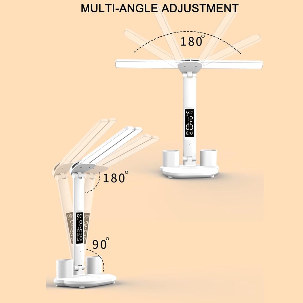 LED-bureaulamp - Bureaulamp voor op kantoor - Dimbaar, oplaadbaar, draadloos - Met klok, pennenhouder, lcd-scherm, kalender en temperatuurweergave - 3 lichtkleuren - 3200 mAh batterij - Unisex - Wit thumbnail 3