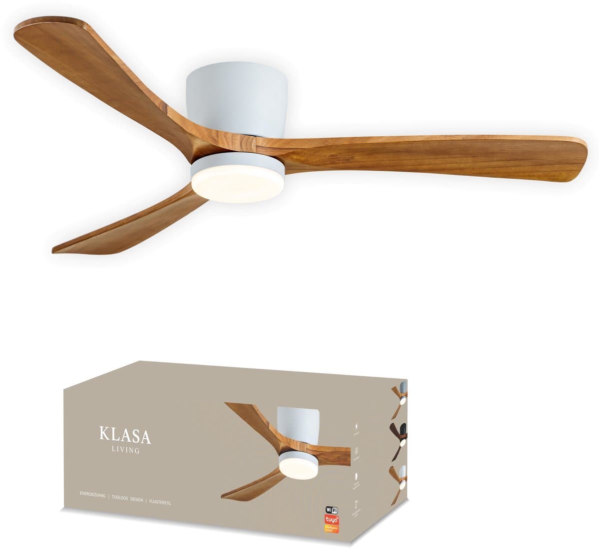 Smart Plafondventilator met Verlichting - Wit + Hout - Ø 132 cm - Stille Motor <25dB - Handige App - Dimfunctie - Plafond Ventilator met Verlichting - Plafondlamp met Ventilator