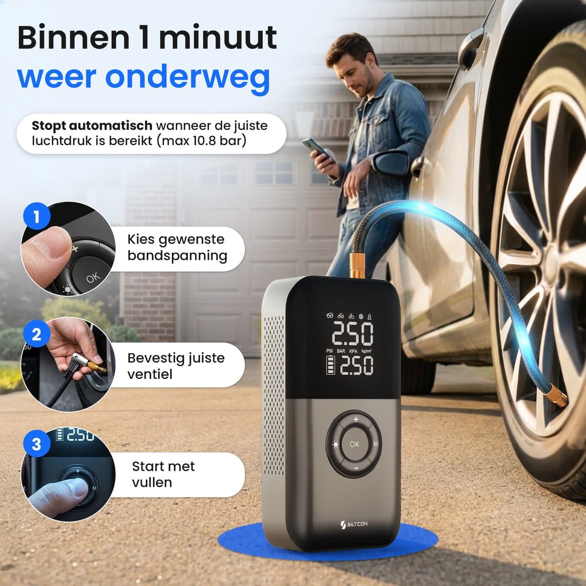 Siltcon® Elektrische Fietspomp - Luchtcompressor - Tot 10.8 Bar - 8500 mAh Powerbank - Compressor - Bandenpomp Auto - Elektrische Bandenpomp - Luchtpomp – Universeel – Oplaadbaar & 12V – 35l/min – SOS Lamp - Noodpakket - Incl. 10 Opzetstukjes en Hoes thumbnail 6