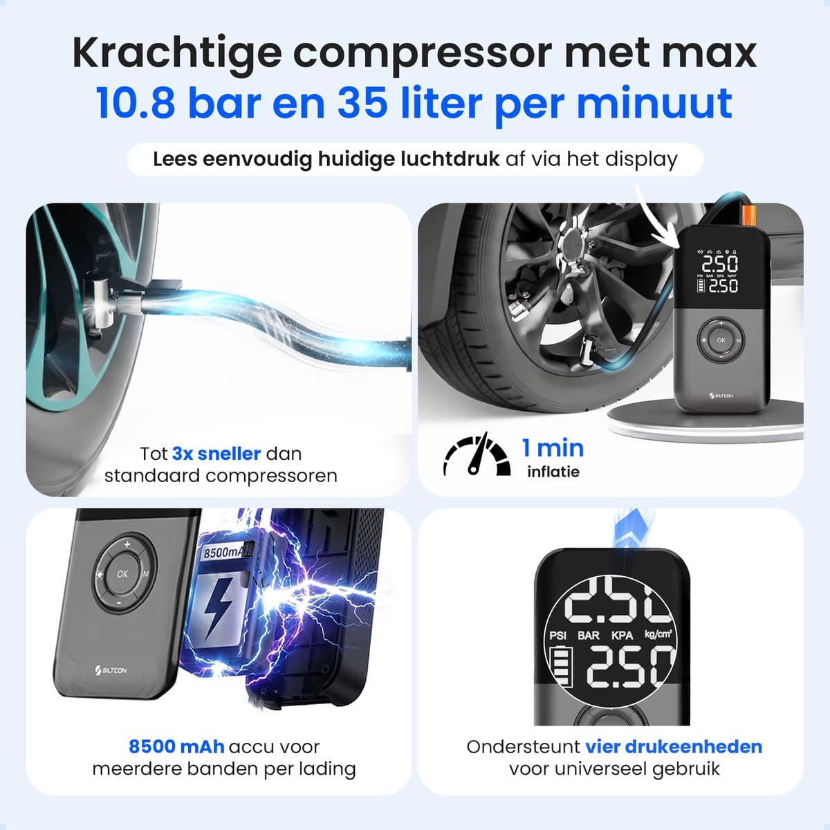 Siltcon® Elektrische Fietspomp - Luchtcompressor - Tot 10.8 Bar - 8500 mAh Powerbank - Compressor - Bandenpomp Auto - Elektrische Bandenpomp - Luchtpomp – Universeel – Oplaadbaar & 12V – 35l/min – SOS Lamp - Noodpakket - Incl. 10 Opzetstukjes en Hoes thumbnail 3
