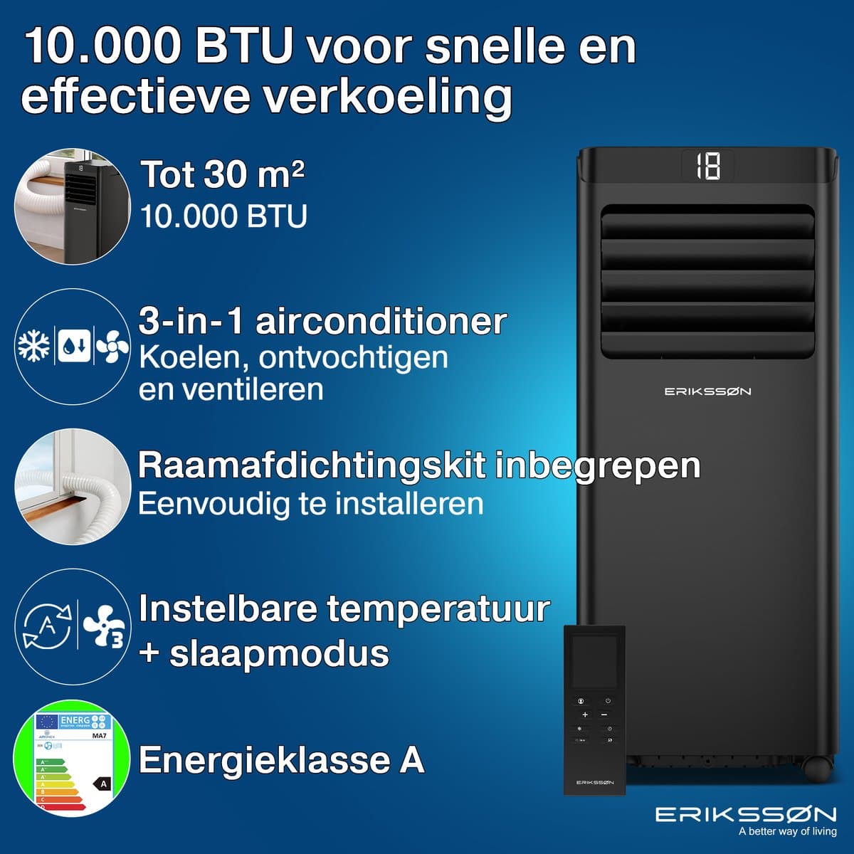 Erikssøn Mobiele Airco - 10.000 BTU - Incl. Raamafdichtingskit - Tot 30m² - 4-in-1 - Airconditioning - Ventilator - Ontvochtiger - Zwart thumbnail 3