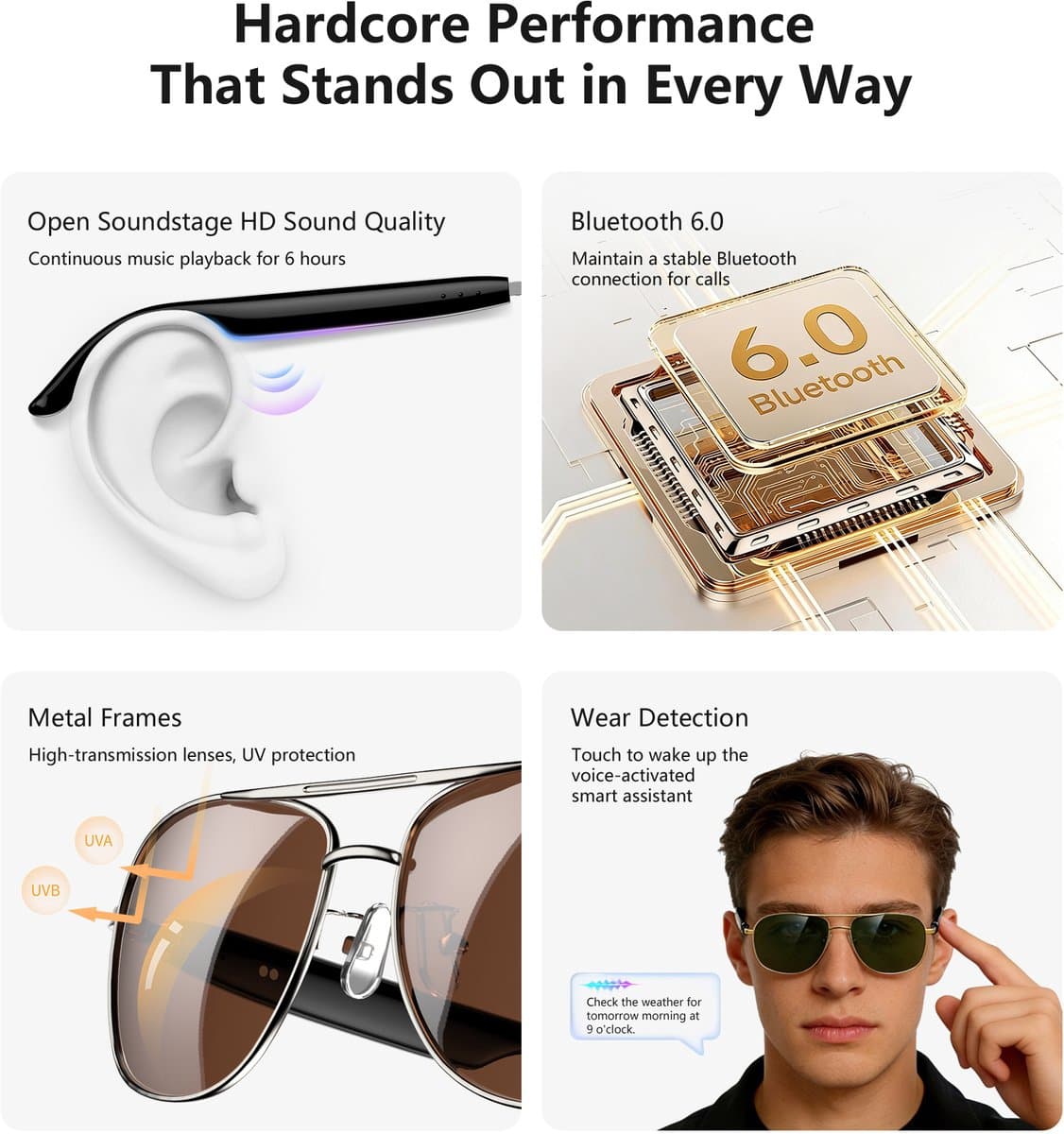 Blackview D1 Pro Bluetooth Zonnebril - Smart Glasses - Spraakgestuurde AI-assistent - Ingebouwde Speakers voor muziek - handsfree bellen - Bluetooth 6.0 - IP54 - Zwart thumbnail 8