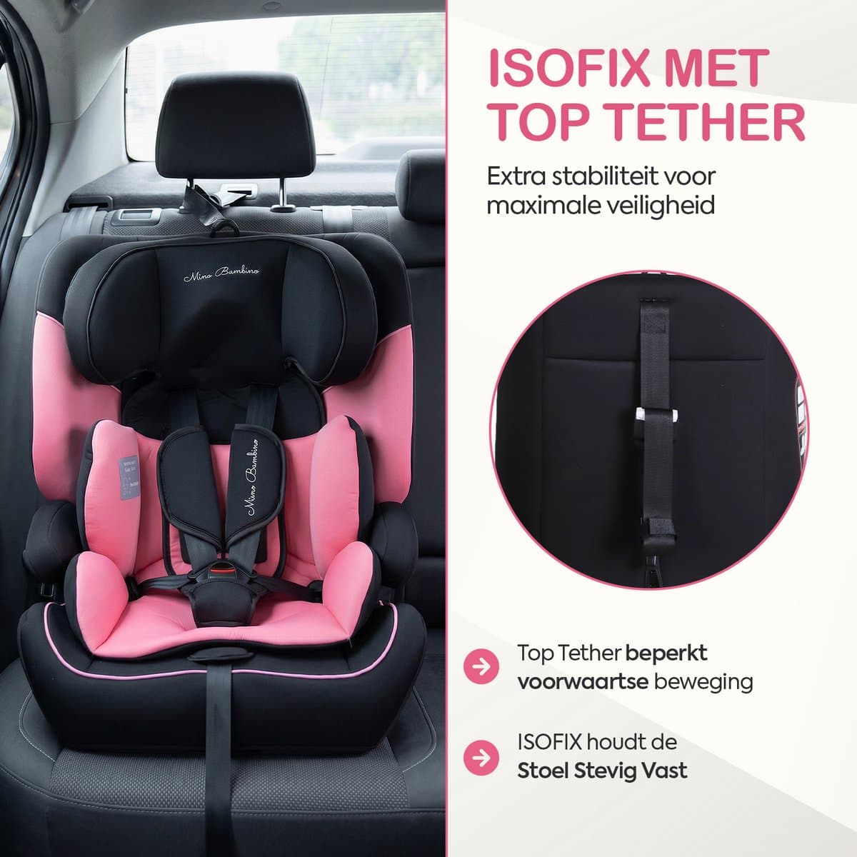 Mino Bambino i-Size Autostoel – Isofix - Groep 1/2/3 9-36 kg (76 tot 150 cm) - 15 maanden tot 12 jaar – Roze thumbnail 5